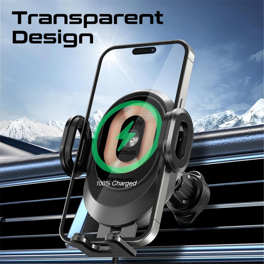 Promate POWERMOUNT-2 - 15W Transparent Auto Clamping Wireless Charging Car Mount. Takes 4.7-6.7'' Devices