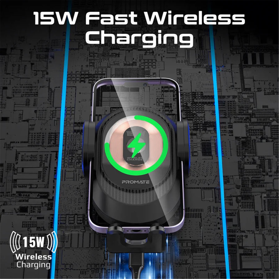 Promate POWERMOUNT-2 - 15W Transparent Auto Clamping Wireless Charging Car Mount. Takes 4.7-6.7'' Devices