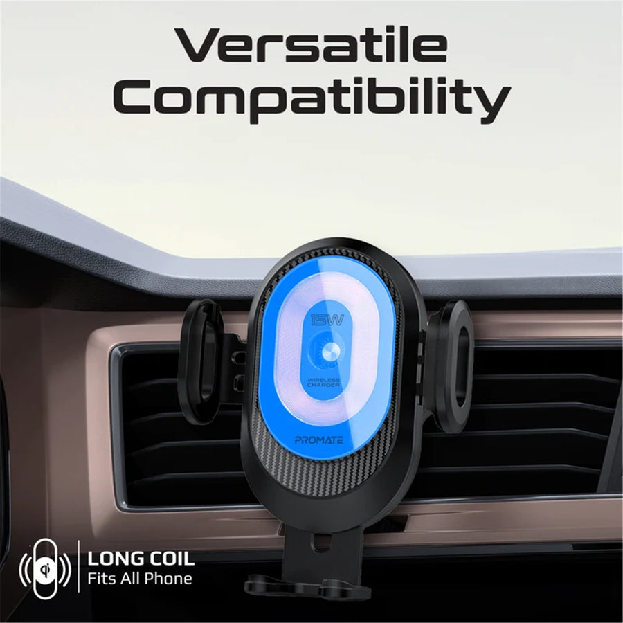 Promate POWERMOUNT-2 - 15W Transparent Auto Clamping Wireless Charging Car Mount. Takes 4.7-6.7'' Devices