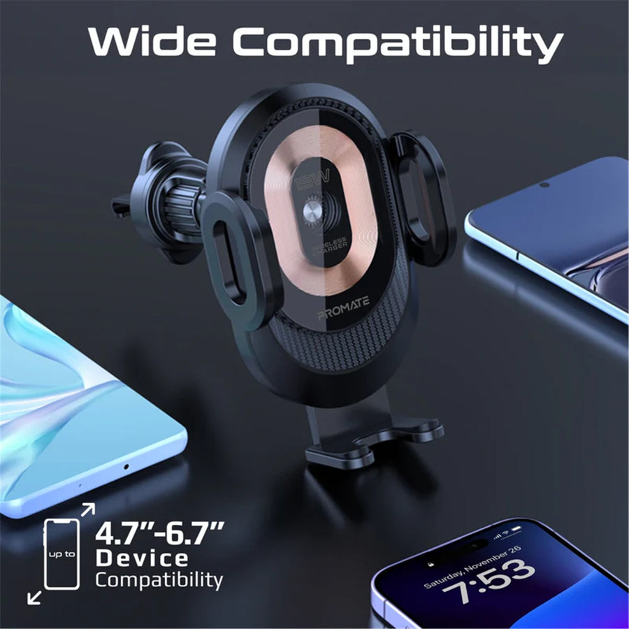 Promate POWERMOUNT-2 - 15W Transparent Auto Clamping Wireless Charging Car Mount. Takes 4.7-6.7'' Devices
