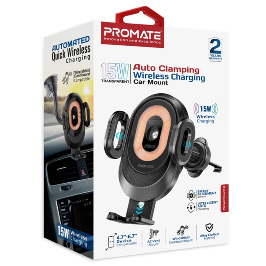 Promate POWERMOUNT-2 - 15W Transparent Auto Clamping Wireless Charging Car Mount. Takes 4.7-6.7'' Devices