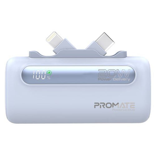 Promate POWERUP-DUO-BL - 5000mAh Ultra-Compact Fast Charging Power Bank In-Built Dual Folding USB-C & Lightning