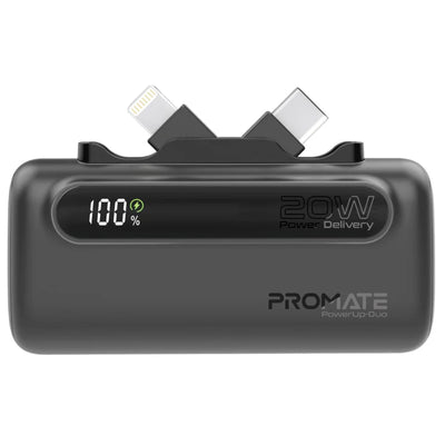 Promate POWERUP-DUO-BLK - 5000mAh Ultra-Compact Fast Charging Power Bank In-Built Dual Folding USB-C & Lightning