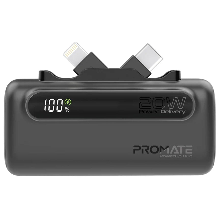 Promate POWERUP-DUO-BLK - 5000mAh Ultra-Compact Fast Charging Power Bank In-Built Dual Folding USB-C & Lightning