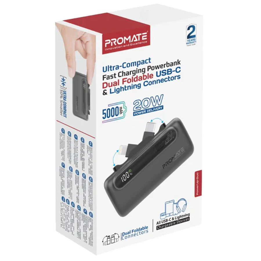 Promate POWERUP-DUO-BLK - 5000mAh Ultra-Compact Fast Charging Power Bank In-Built Dual Folding USB-C & Lightning