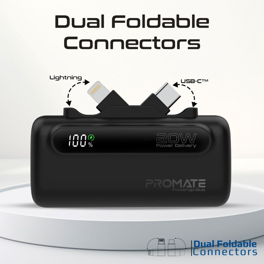 Promate POWERUP-DUO-BLK - 5000mAh Ultra-Compact Fast Charging Power Bank In-Built Dual Folding USB-C & Lightning