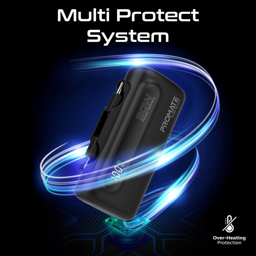 Promate POWERUP-DUO-BLK - 5000mAh Ultra-Compact Fast Charging Power Bank In-Built Dual Folding USB-C & Lightning