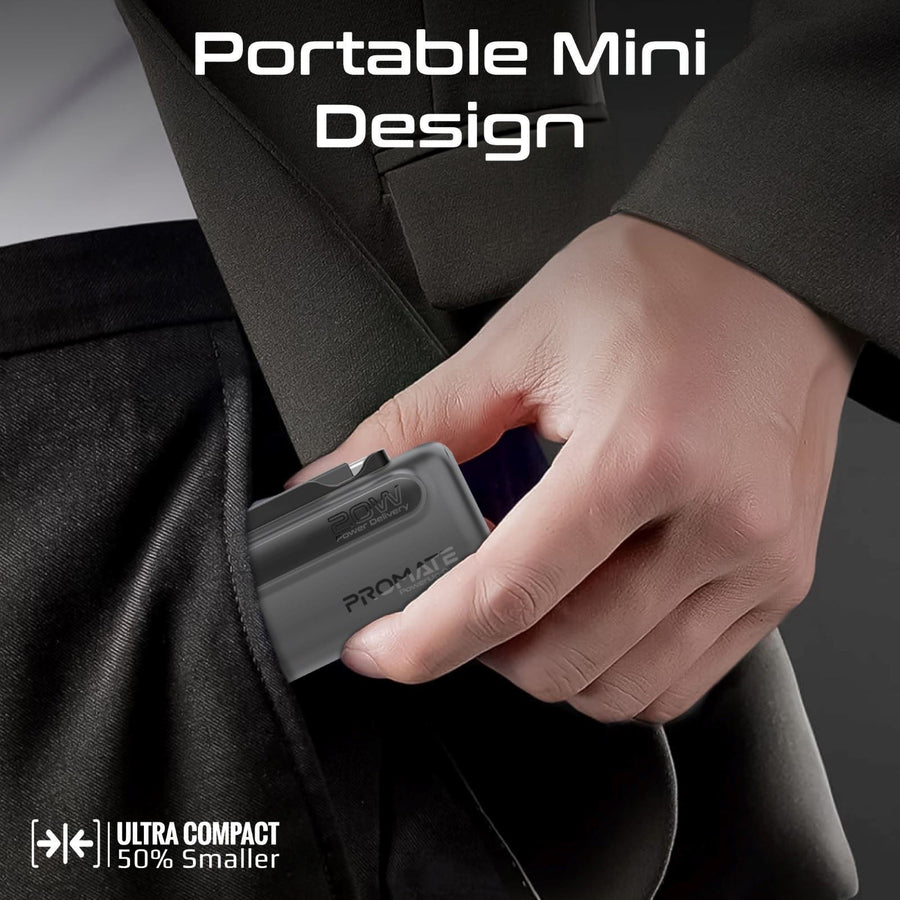 Promate POWERUP-DUO-BLK - 5000mAh Ultra-Compact Fast Charging Power Bank In-Built Dual Folding USB-C & Lightning