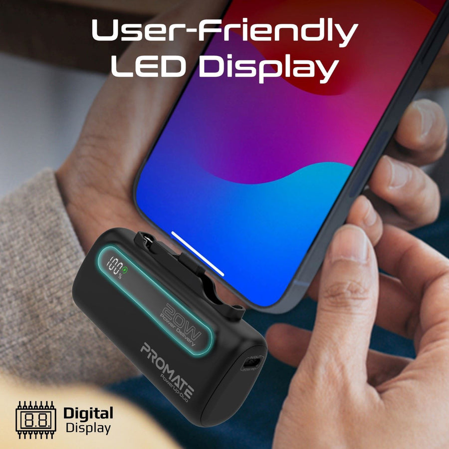 Promate POWERUP-DUO-BLK - 5000mAh Ultra-Compact Fast Charging Power Bank In-Built Dual Folding USB-C & Lightning
