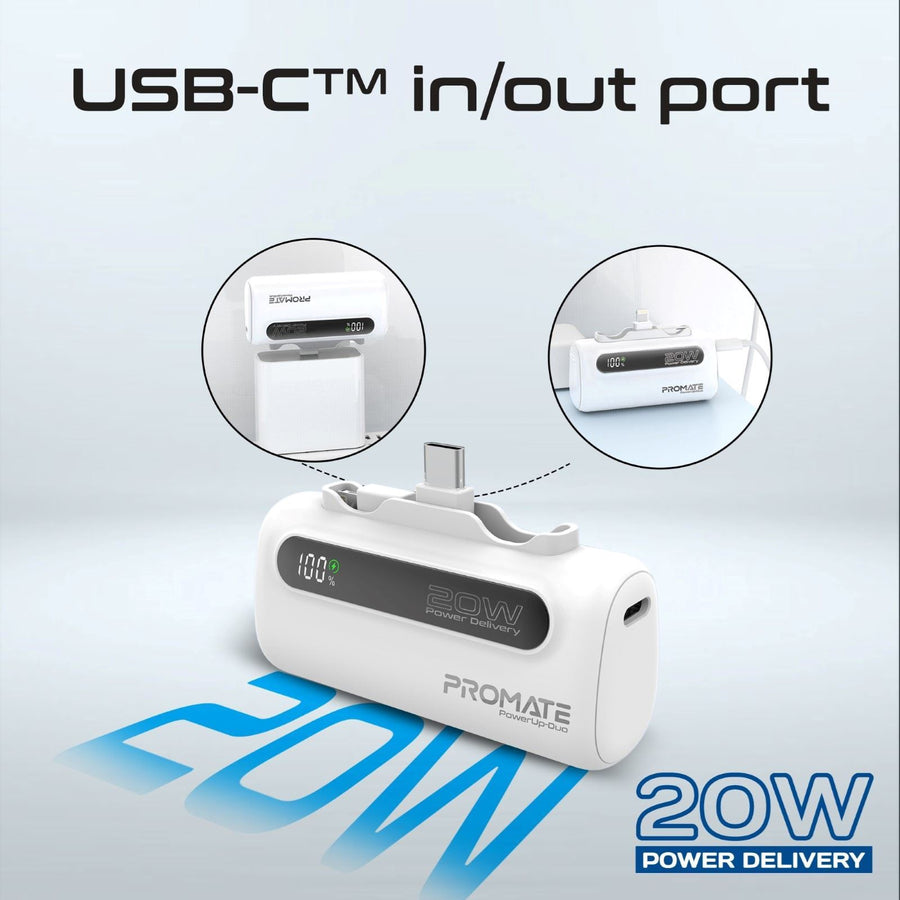 Promate   5000mAh 20W 2-Output Power Bank with Diaplay - White