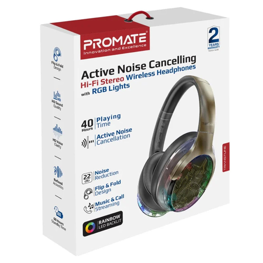 Promate TRANSTUNE-GMT - HiFi Stereo Wireless Bluetooth Active Noice Cancelling Headphones Gun Metal