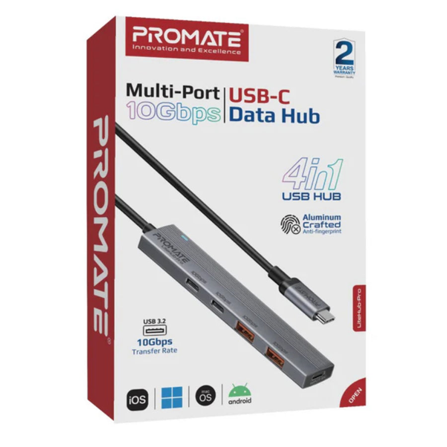 Promate LITEHUB-PRO - 4-in-1 USB Multi-Port Ultra Compact Hub USB-C Connector. 2x USB-A 10Gbps Ports & 2x