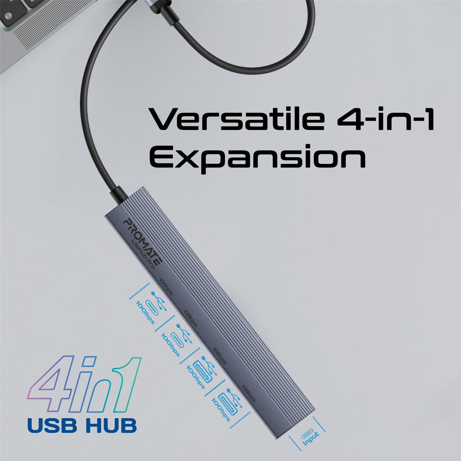 Promate LITEHUB-PRO - 4-in-1 USB Multi-Port Ultra Compact Hub USB-C Connector. 2x USB-A 10Gbps Ports & 2x