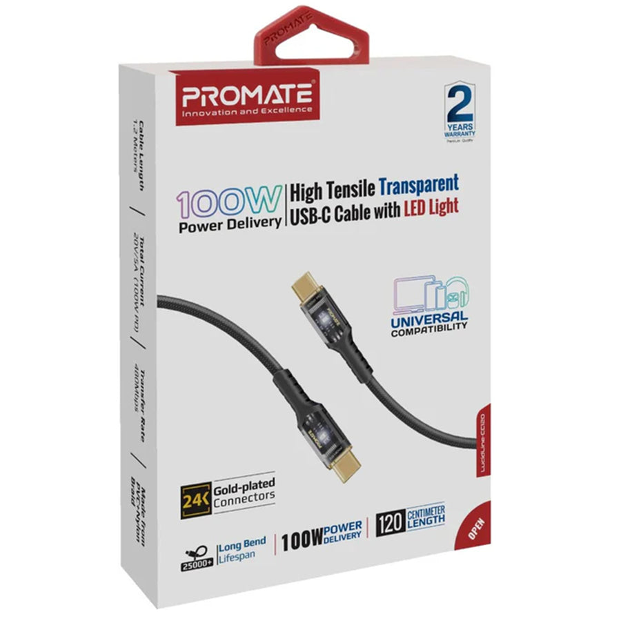 Promate  LUCIDLINE-CC120B 100W PD - 480Mbps USB-C Cable - 1.2m - Black