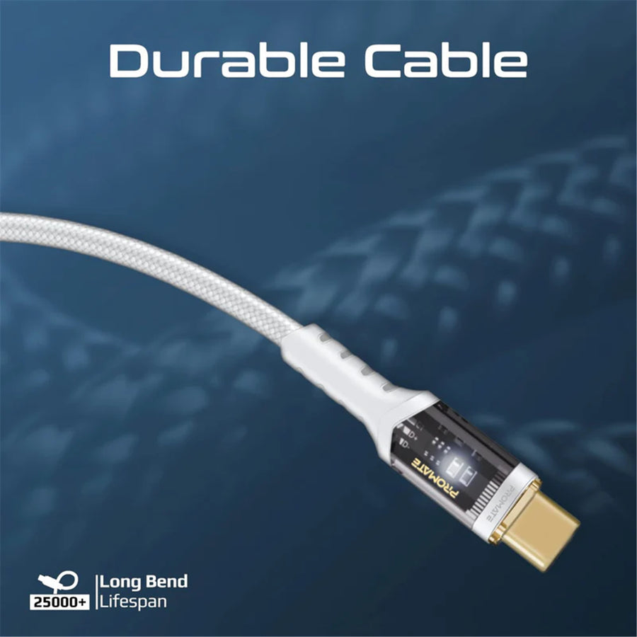 Promate LUCIDLINE-CC120W - 1.2m USB-C to USB-C Ultra-Fast 100W PD Cable w/ Transparent Connectors.