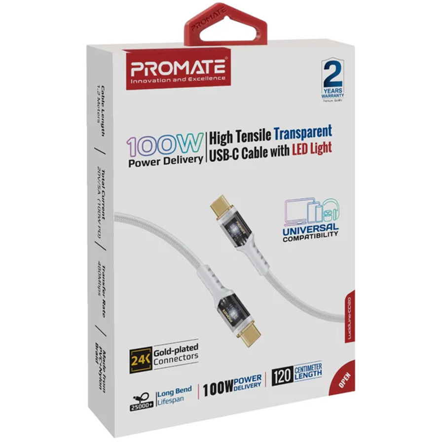 Promate LUCIDLINE-CC120W - 1.2m USB-C to USB-C Ultra-Fast 100W PD Cable w/ Transparent Connectors.