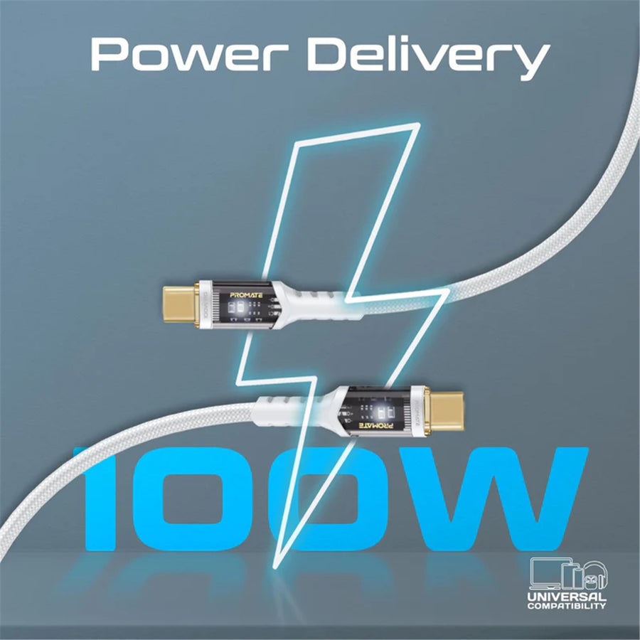 Promate LUCIDLINE-CC120W - 1.2m USB-C to USB-C Ultra-Fast 100W PD Cable w/ Transparent Connectors.