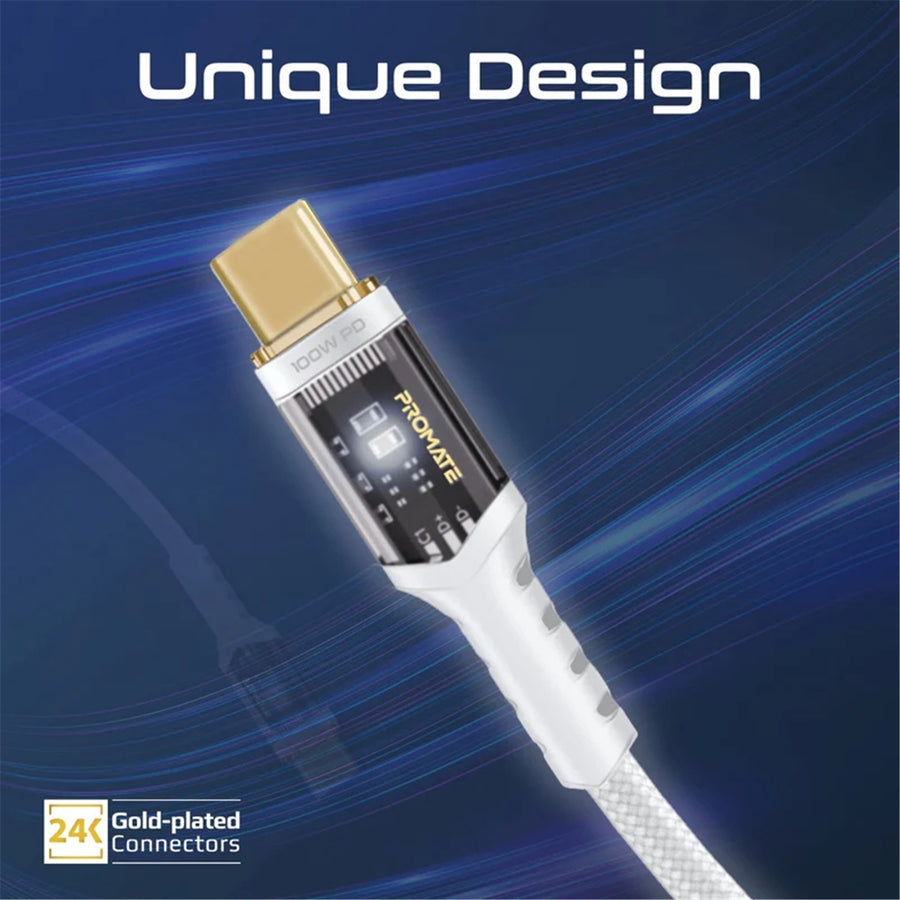 Promate LUCIDLINE-CC120W - 1.2m USB-C to USB-C Ultra-Fast 100W PD Cable w/ Transparent Connectors.