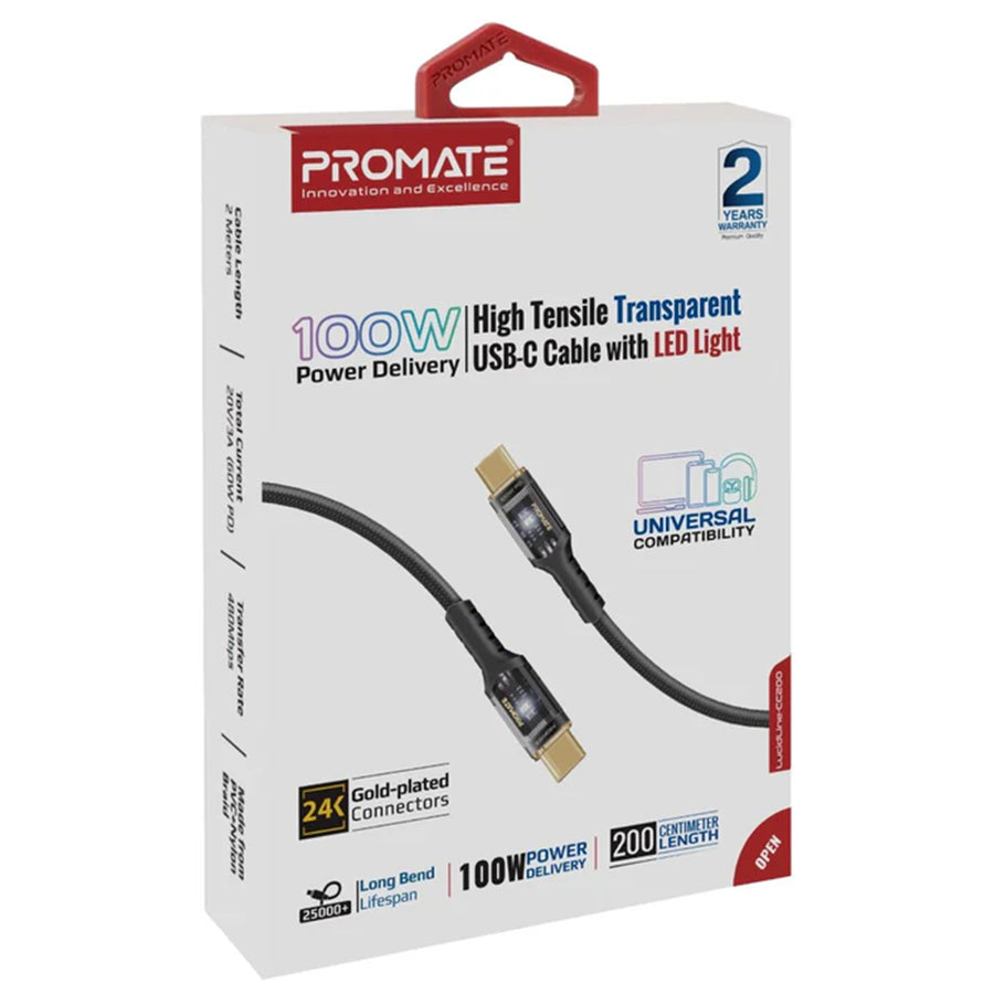 Promate  LUCIDLINE-CC200B 100W PD - 480Mbps USB-C Cable - 2m - Black