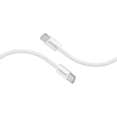 Promate ECOLINE-CI120.WT 27W PD - 480Mbps USB-C to Lightning Cable - 1.2m - White Fabric Braided - 25000+ Bend Lifespan - Data & Charge