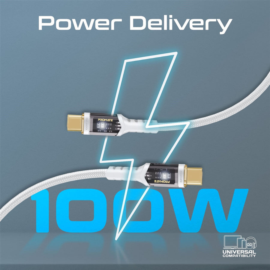 Promate LUCIDLINE-CC200W - 2m USB-C to USB-C Ultra-Fast 100W PD Cable w/ Transparent Connectors