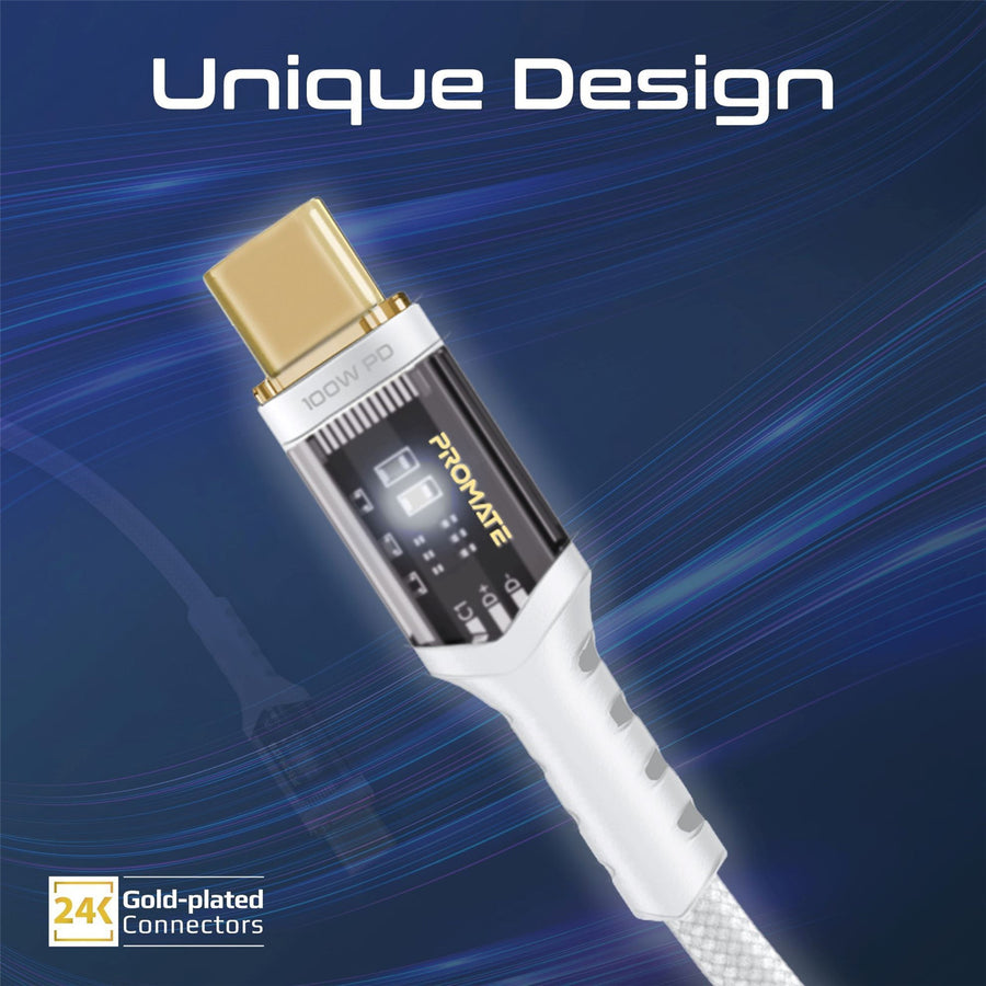 Promate LUCIDLINE-CC200W - 2m USB-C to USB-C Ultra-Fast 100W PD Cable w/ Transparent Connectors