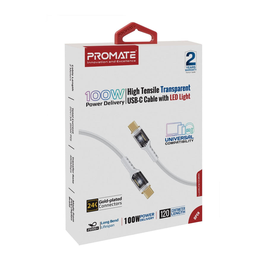 Promate LUCIDLINE-CC200W - 2m USB-C to USB-C Ultra-Fast 100W PD Cable w/ Transparent Connectors