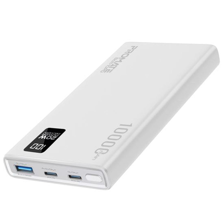 Promate   10000mAh 20W 3-Output Power Bank with Display - White