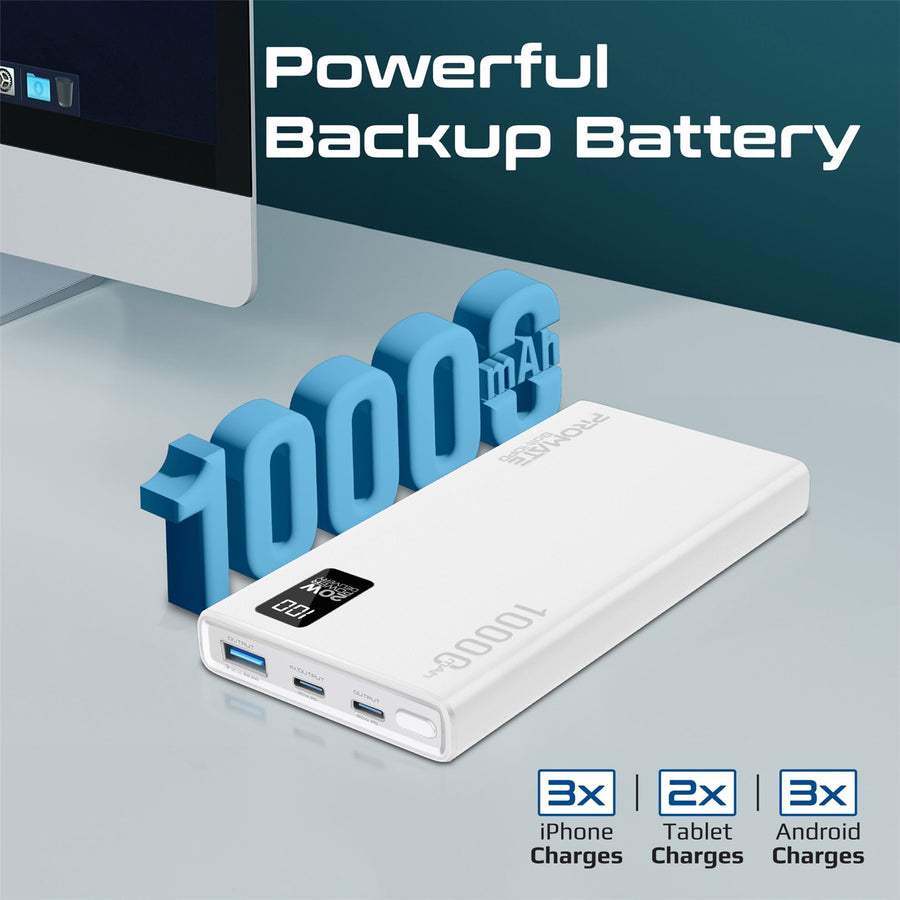 Promate   10000mAh 20W 3-Output Power Bank with Display - White