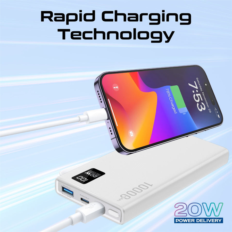 Promate   10000mAh 20W 3-Output Power Bank with Display - White