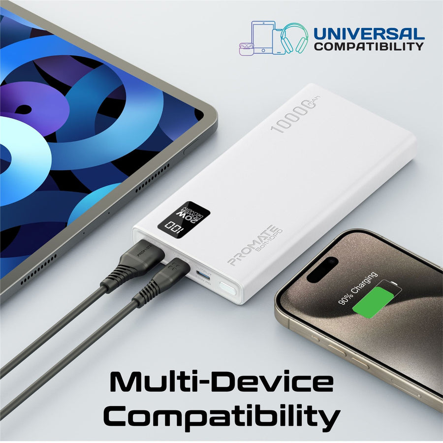 Promate   10000mAh 20W 3-Output Power Bank with Display - White