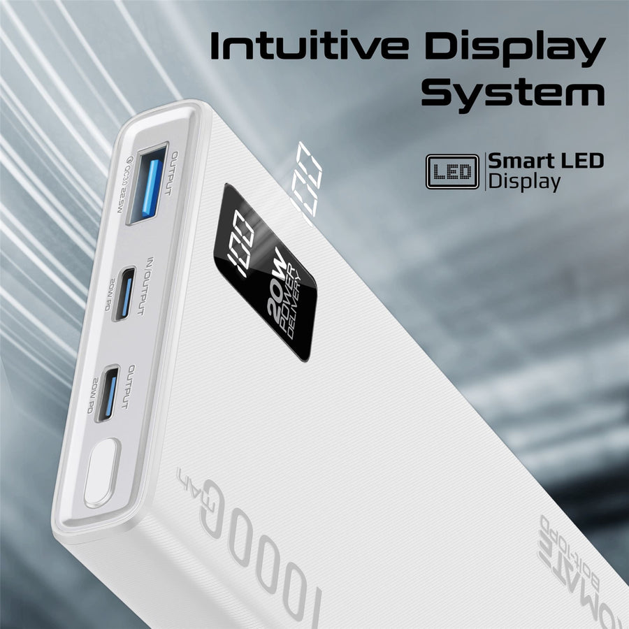 Promate   10000mAh 20W 3-Output Power Bank with Display - White