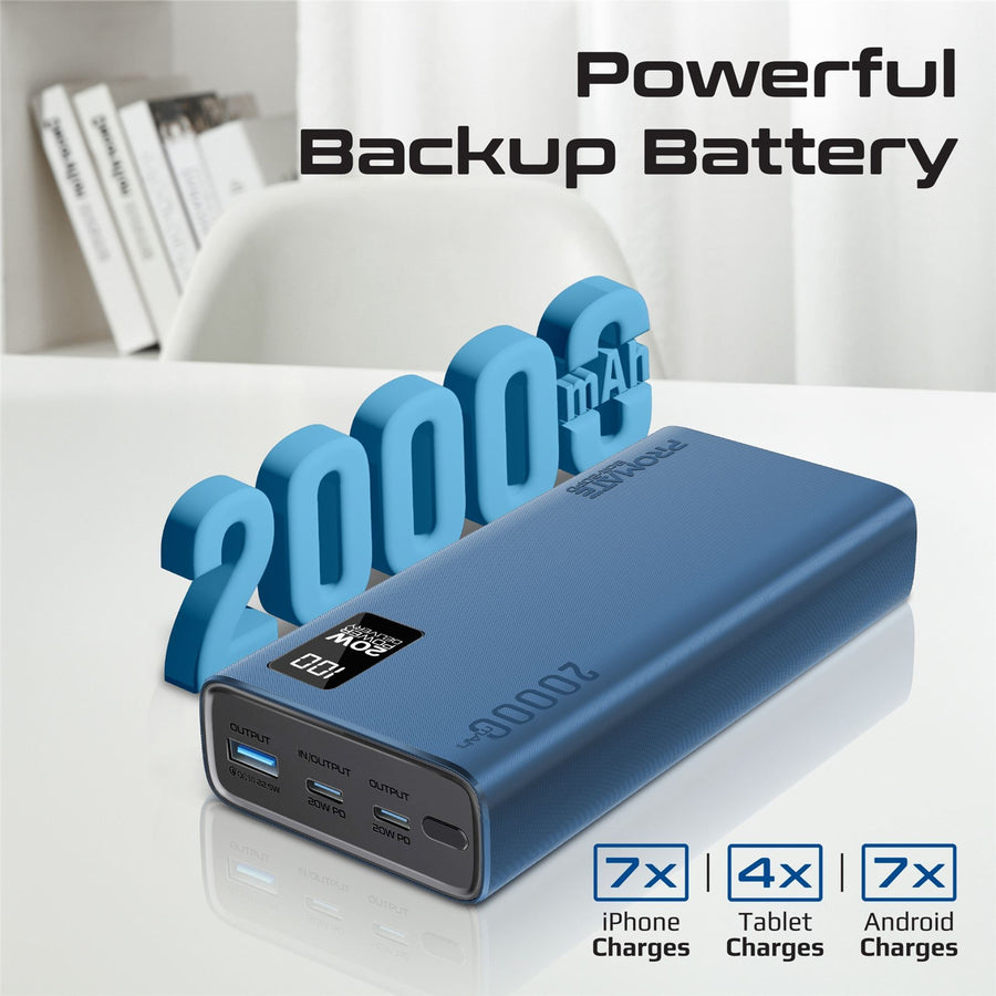 Promate  BOLT-20PD-BL 20000mAh 20W 3-Output Power Bank with Display - Blue