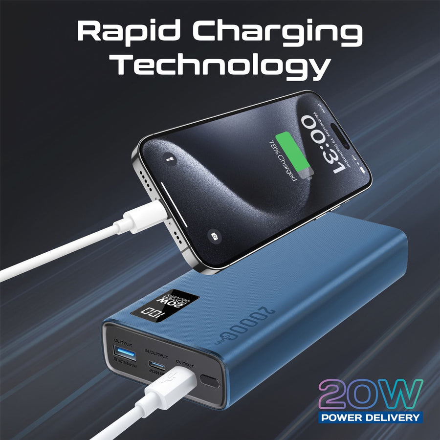 Promate  BOLT-20PD-BL 20000mAh 20W 3-Output Power Bank with Display - Blue