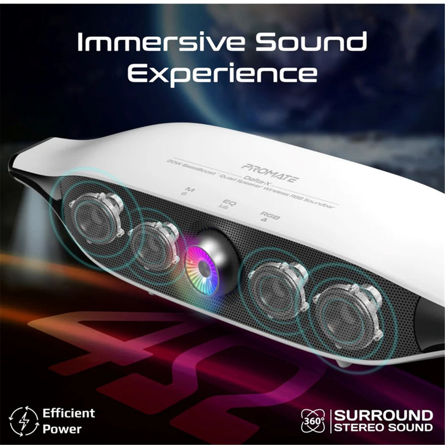 Promate DELTA-X - 20W BassBoost Quad Speaker Bluetooth RGB Soundbar. 12 RGB Modes Up to 30 Hours