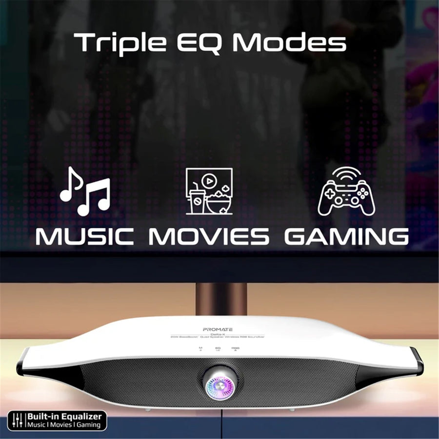 Promate DELTA-X - 20W BassBoost Quad Speaker Bluetooth RGB Soundbar. 12 RGB Modes Up to 30 Hours
