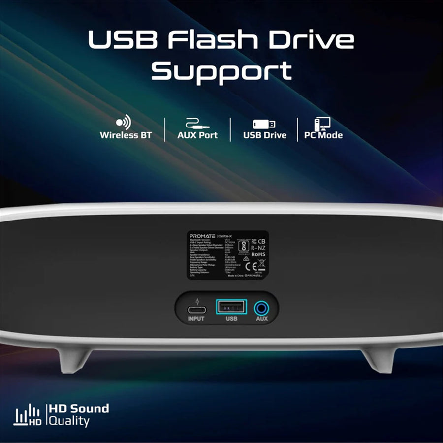 Promate DELTA-X - 20W BassBoost Quad Speaker Bluetooth RGB Soundbar. 12 RGB Modes Up to 30 Hours