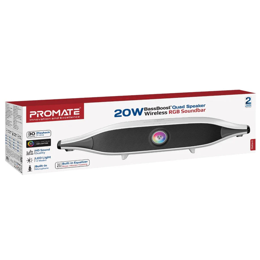 Promate DELTA-X - 20W BassBoost Quad Speaker Bluetooth RGB Soundbar. 12 RGB Modes Up to 30 Hours