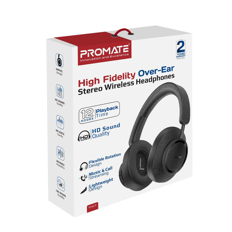 Promate TAKT-BLK - HiFi Stereo Wireless Over Ear Ergonomic Headphones. Up to 12 Hours Playing Time