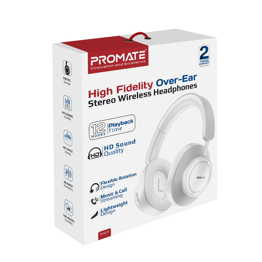 Promate TAKT-WHT - HiFi Stereo Wireless Over Ear Ergonomic Headphones. Up to 12 Hours Playing Time