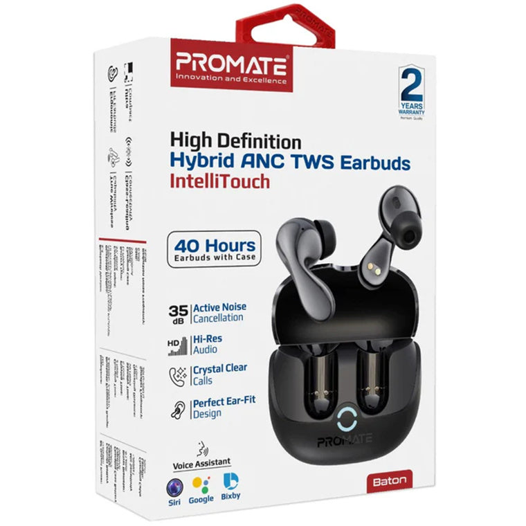 Promate BATON-BLK - In-Ear HD Bluetooth Earbud Hybrid ANC TWS w/ Intellitouch Includes 500mAh Recharging