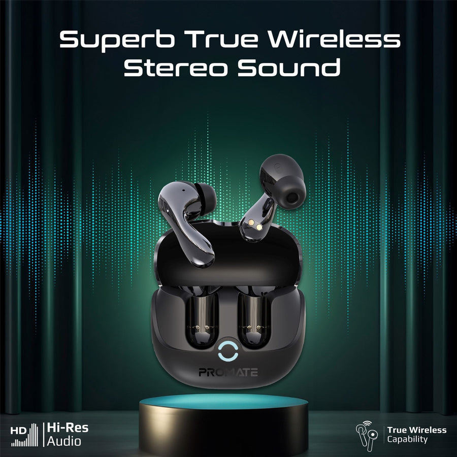 Promate BATON-BLK - In-Ear HD Bluetooth Earbud Hybrid ANC TWS w/ Intellitouch Includes 500mAh Recharging