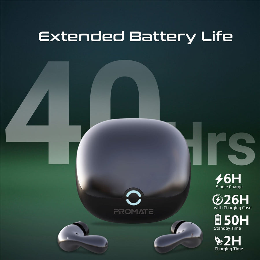 Promate BATON-BLK - In-Ear HD Bluetooth Earbud Hybrid ANC TWS w/ Intellitouch Includes 500mAh Recharging