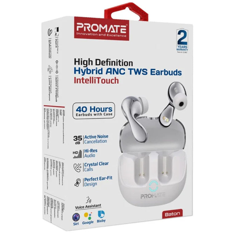 Promate BATON-WHT - In-Ear HD Bluetooth Earbud Hybrid ANC TWS w/ Intellitouch 500mAh Recharging Battery