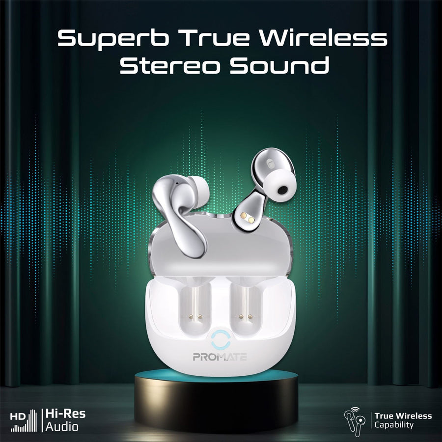 Promate BATON-WHT - In-Ear HD Bluetooth Earbud Hybrid ANC TWS w/ Intellitouch 500mAh Recharging Battery