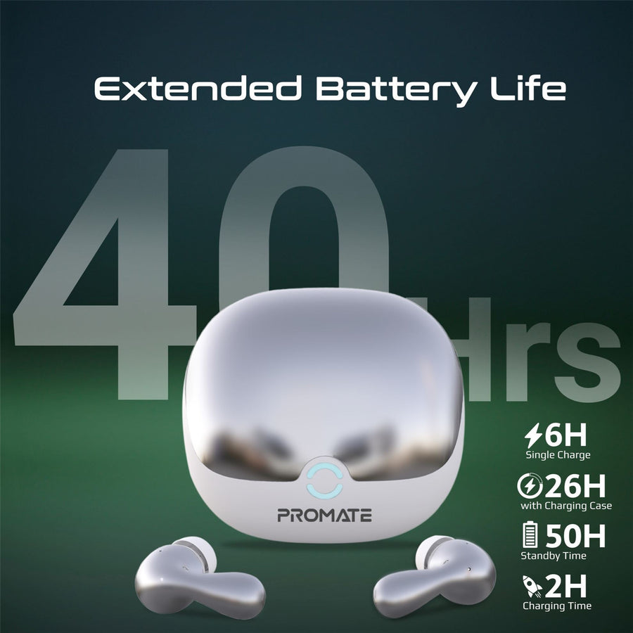 Promate BATON-WHT - In-Ear HD Bluetooth Earbud Hybrid ANC TWS w/ Intellitouch 500mAh Recharging Battery
