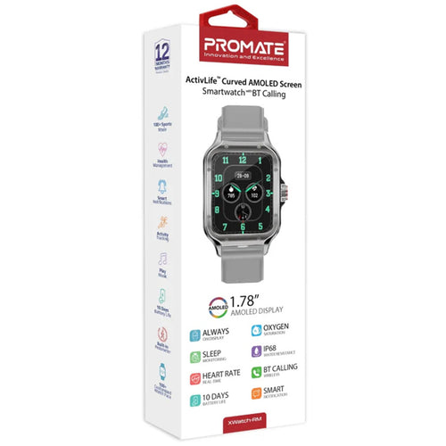 Promate  XWATCH-RM Smartwatch with 1.78" Curved AMOLED Display & BT Calling- IP68 Silver