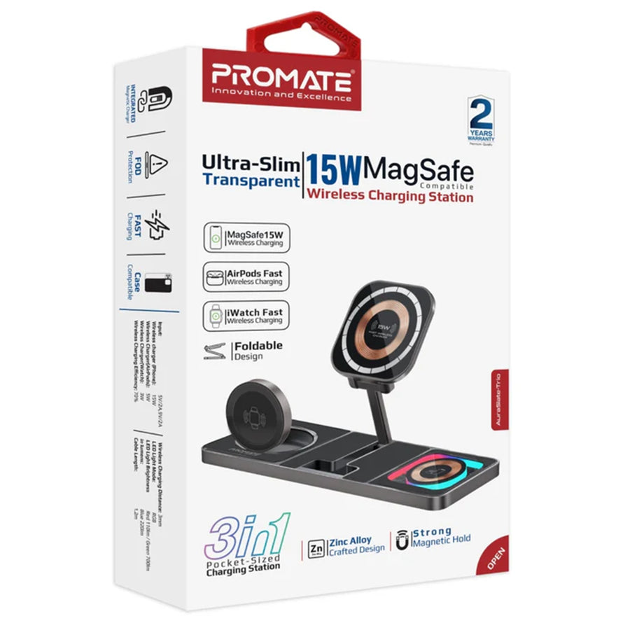 Promate AURASLATE-TRIO - 3-in-1 Ultra-Slim 15W MagSafe Charging Station. 3W Apple Watch Charger 5W