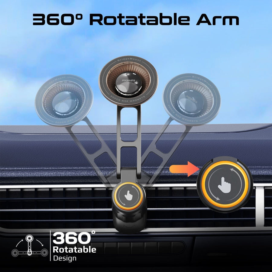 Promate BRIDGEMOUNT - MagGrip 360 Rotatable Smartphone Holder w/ AC Vent Mount. Secure Anti-Slip Mount