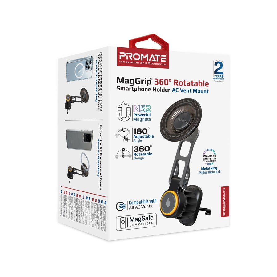 Promate BRIDGEMOUNT - MagGrip 360 Rotatable Smartphone Holder w/ AC Vent Mount. Secure Anti-Slip Mount